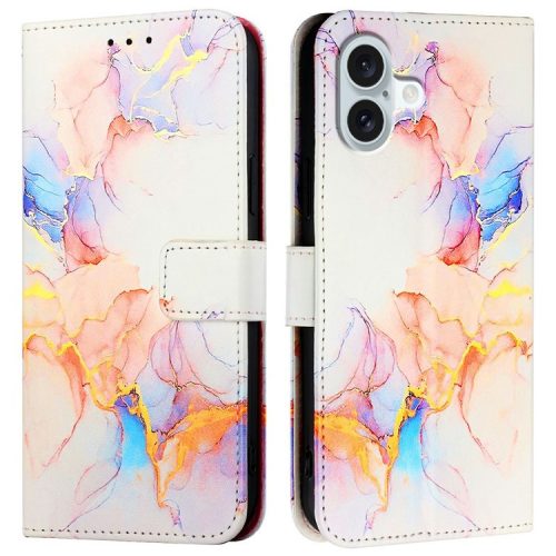 YB Pattern Printing Leather Series-6 For iPhone 16 Case Marble Wallet Crossbody Phone Cover - Milky Way Marble White LS004