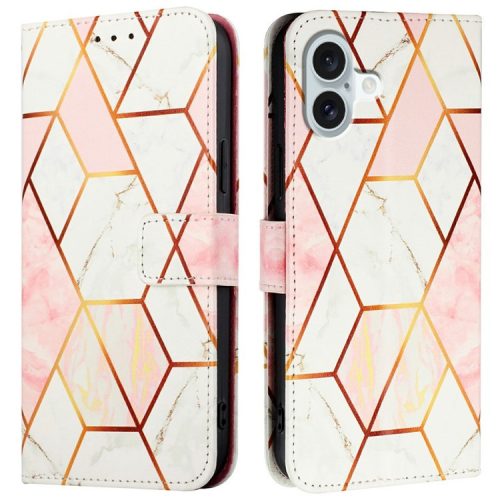 YB Pattern Printing Leather Series-6 For iPhone 16 Case Marble Wallet Crossbody Phone Cover - Pink / White LS002