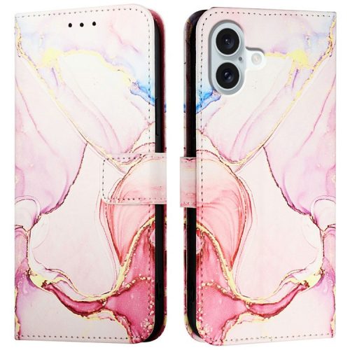 YB Pattern Printing Leather Series-6 For iPhone 16 Case Marble Wallet Crossbody Phone Cover - Rose Gold LS005