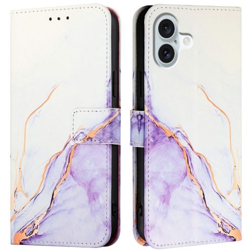 YB Pattern Printing Leather Series-6 For iPhone 16 Case Marble Wallet Crossbody Phone Cover - White / Purple LS006