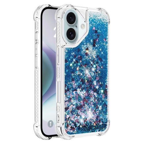 YB Quicksand Series-1 For iPhone 16 Case Glitter Liquid Anti-Drop TPU Phone Cover - Blue  /  Hearts