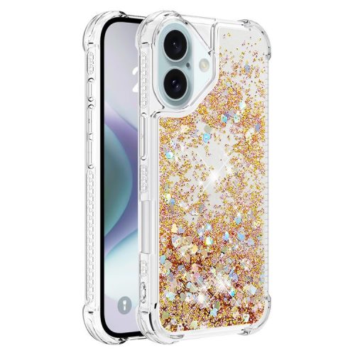 YB Quicksand Series-1 For iPhone 16 Case Glitter Liquid Anti-Drop TPU Phone Cover - Gold  /  Hearts