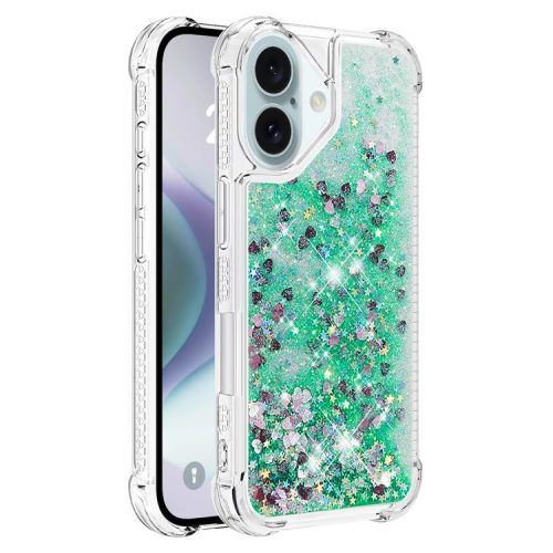 YB Quicksand Series-1 For iPhone 16 Case Glitter Liquid Anti-Drop TPU Phone Cover - Green  /  Hearts