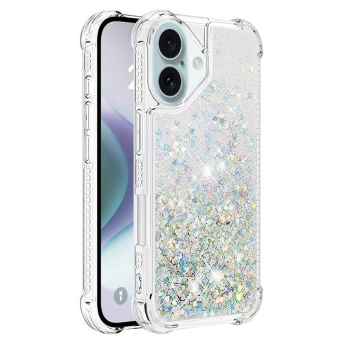 YB Quicksand Series-1 For iPhone 16 Case Glitter Liquid Anti-Drop TPU Phone Cover - Silver  /  Hearts