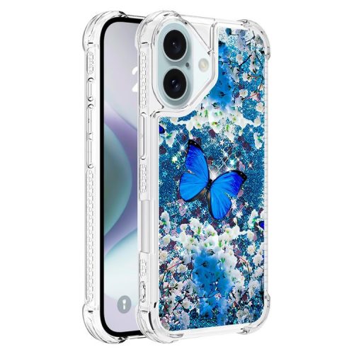 YB Quicksand Series-2 For iPhone 16 Case Liquid Quicksand Pattern TPU Phone Cover - Blue Butterfly