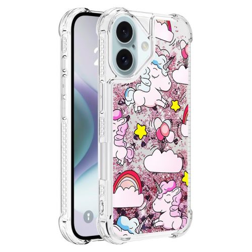 YB Quicksand Series-2 For iPhone 16 Case Liquid Quicksand Pattern TPU Phone Cover - Cute Horse and Clouds