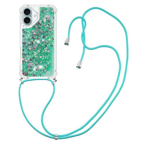 YB Quicksand Series-4 For iPhone 16 Case Floating Sequins Liquid TPU Phone Cover - Green / Hearts