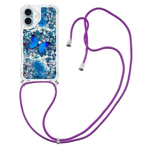 YB Quicksand Series-5 for iPhone 16 TPU Case with Lanyard Pattern Print Phone Cover - Blue Butterfly