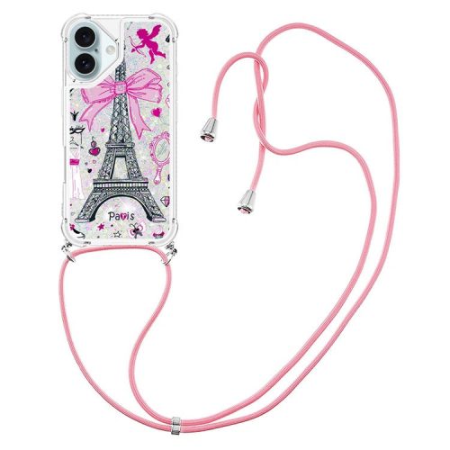 YB Quicksand Series-5 for iPhone 16 TPU Case with Lanyard Pattern Print Phone Cover - Mirror / Tower