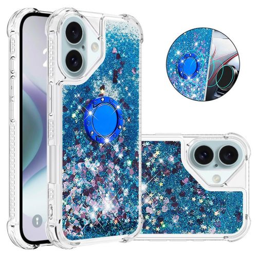 YB Quicksand Series-7 For iPhone 16 Kickstand Case Shiny Sequins TPU Cover - Blue / Hearts