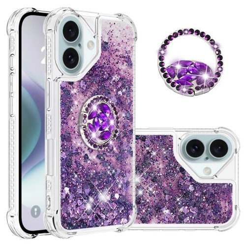 YB Quicksand Series-7 For iPhone 16 Kickstand Case Shiny Sequins TPU Cover - Dark Purple / Heart