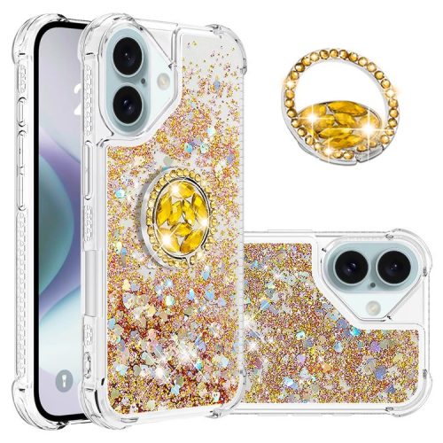 YB Quicksand Series-7 For iPhone 16 Kickstand Case Shiny Sequins TPU Cover - Gold / Hearts