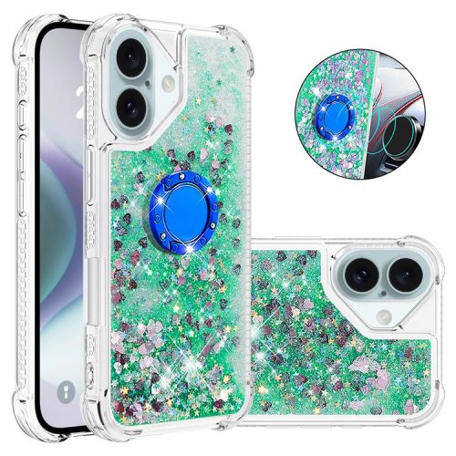 YB Quicksand Series-7 For iPhone 16 Kickstand Case Shiny Sequins TPU Cover - Green / Hearts