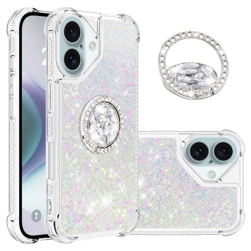 YB Quicksand Series-7 For iPhone 16 Kickstand Case Shiny Sequins TPU Cover - Laser / Hearts