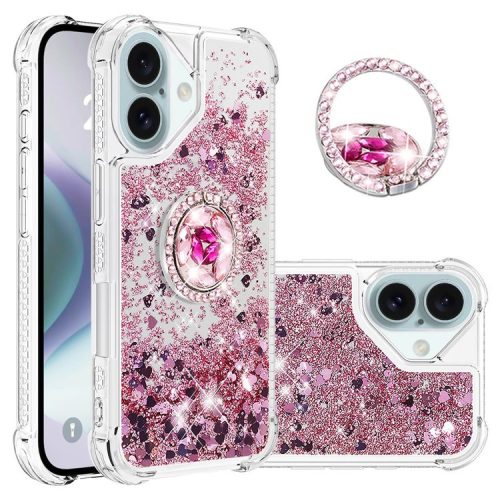 YB Quicksand Series-7 For iPhone 16 Kickstand Case Shiny Sequins TPU Cover - Rose Gold / Hearts