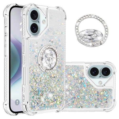 YB Quicksand Series-7 For iPhone 16 Kickstand Case Shiny Sequins TPU Cover - Silver / Hearts