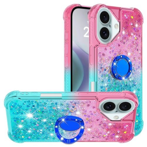 YB Quicksand Series-8 for iPhone 16 TPU Case Glitter Sequins Gradient Kickstand Cover - Pink+Sky Blue