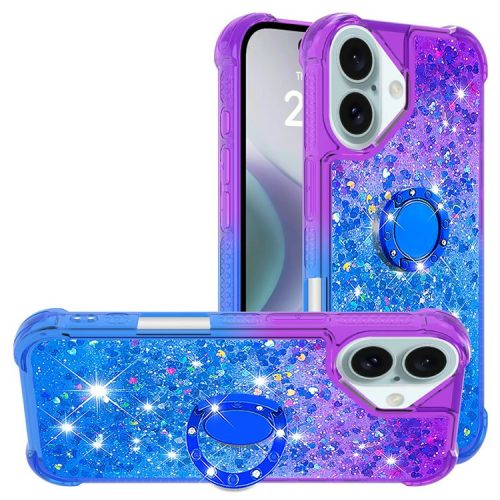 YB Quicksand Series-8 for iPhone 16 TPU Case Glitter Sequins Gradient Kickstand Cover - Purple+Sky Blue