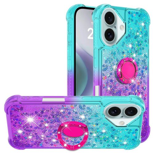 YB Quicksand Series-8 for iPhone 16 TPU Case Glitter Sequins Gradient Kickstand Cover - Sky Blue+Purple