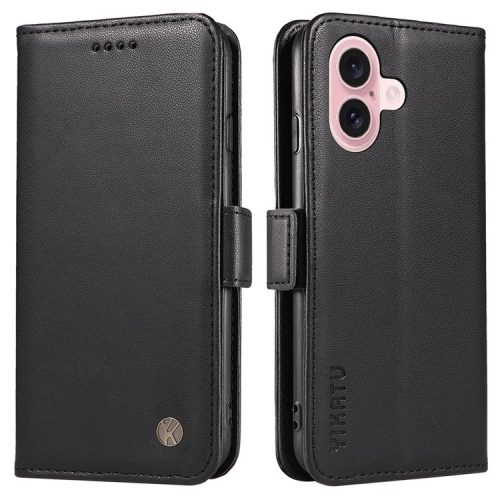 YIKATU YK-003 For iPhone 16 Case Leather Wallet Phone Cover with Side Magnetic Clasp - Black