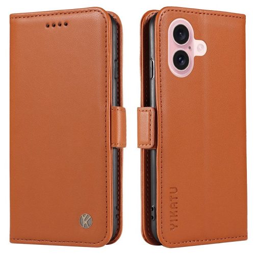 YIKATU YK-003 For iPhone 16 Case Leather Wallet Phone Cover with Side Magnetic Clasp - Brown