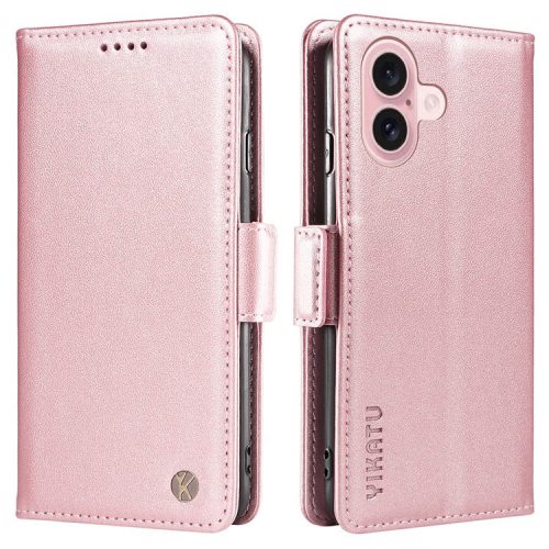 YIKATU YK-003 For iPhone 16 Case Leather Wallet Phone Cover with Side Magnetic Clasp - Rose Gold