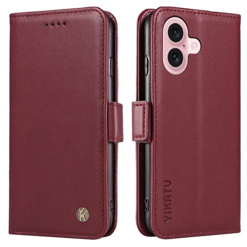 YIKATU YK-003 For iPhone 16 Case Leather Wallet Phone Cover with Side Magnetic Clasp - Wine Red