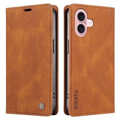 YIKATU YK-004 For iPhone 16 Case Magnetic Closing Wallet Phone Leather Cover - Brown