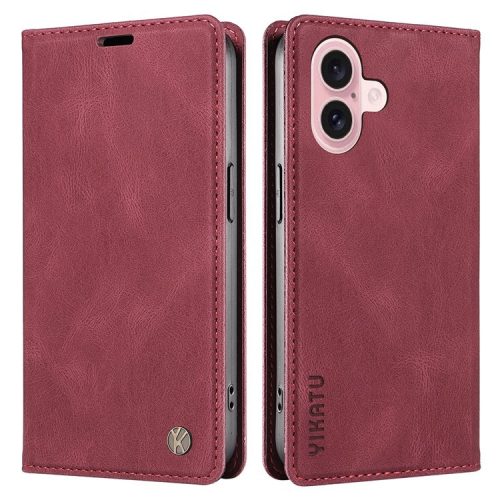 YIKATU YK-004 For iPhone 16 Case Magnetic Closing Wallet Phone Leather Cover - Wine Red