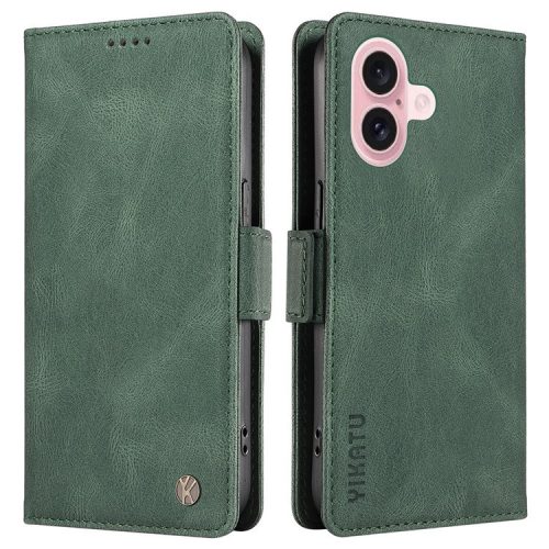 YIKATU YK-005 For iPhone 16 Case PU Leather Wallet Phone Cover Skin-Touch Feeling - Green