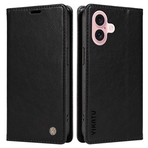 YIKATU YK-006 For iPhone 16 Wallet Case Scratch-Proof Leather Phone Cover - Black