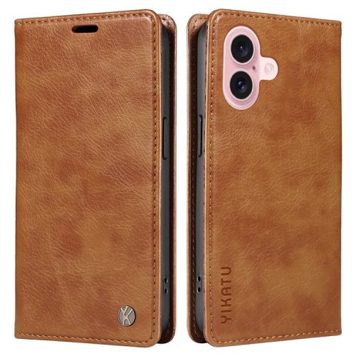 YIKATU YK-006 For iPhone 16 Wallet Case Scratch-Proof Leather Phone Cover - Brown