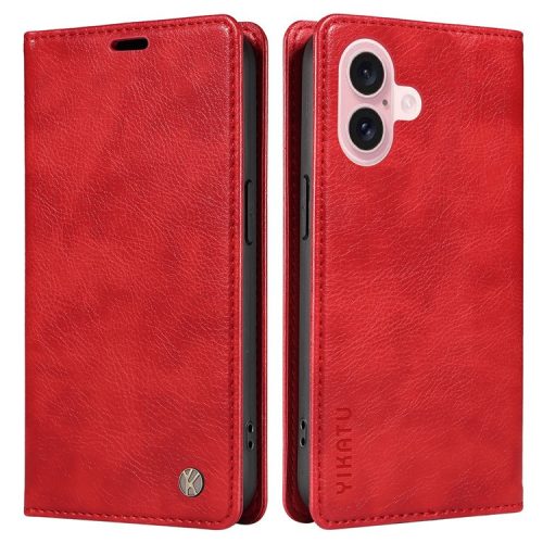 YIKATU YK-006 For iPhone 16 Wallet Case Scratch-Proof Leather Phone Cover - Red