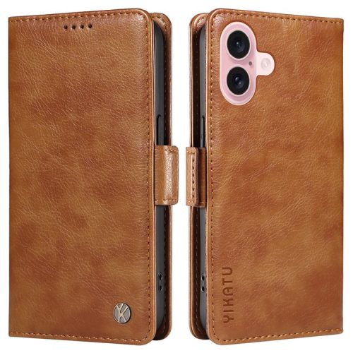 YIKATU YK-007 For iPhone 16 Case Litchi Texture Leather Phone Cover with Wallet Stand - Brown