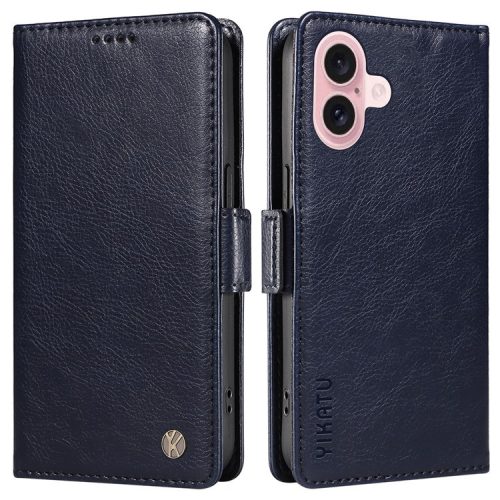 YIKATU YK-007 For iPhone 16 Case Litchi Texture Leather Phone Cover with Wallet Stand - Navy Blue