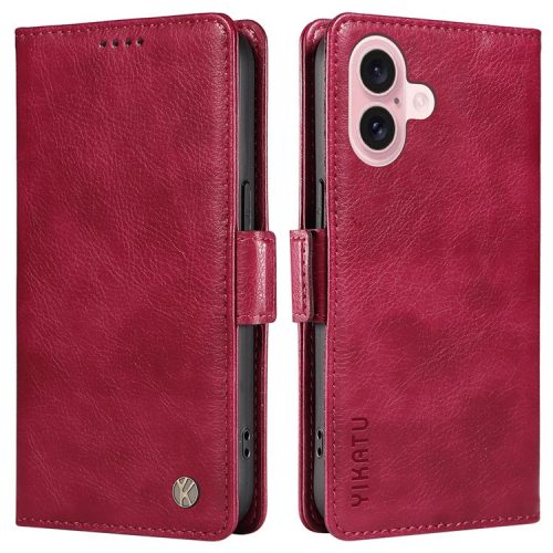 YIKATU YK-007 For iPhone 16 Case Litchi Texture Leather Phone Cover with Wallet Stand - Wine Red