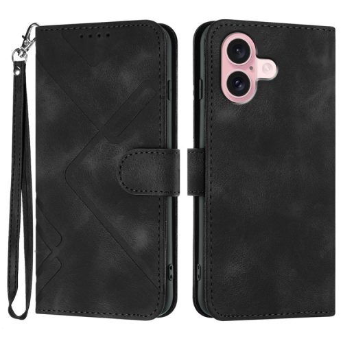 YX0040 For iPhone 16 Case Leather Wallet Flip Phone Cover Geometry Imprinted - Black