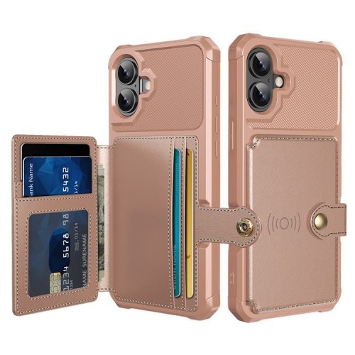 ZM03 For iPhone 16 Case with Card Holder PU Leather+TPU Phone Back Cover - Pink