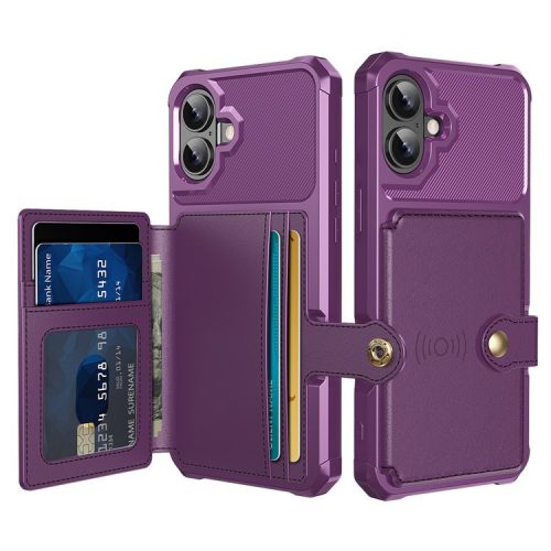 ZM03 For iPhone 16 Case with Card Holder PU Leather+TPU Phone Back Cover - Purple