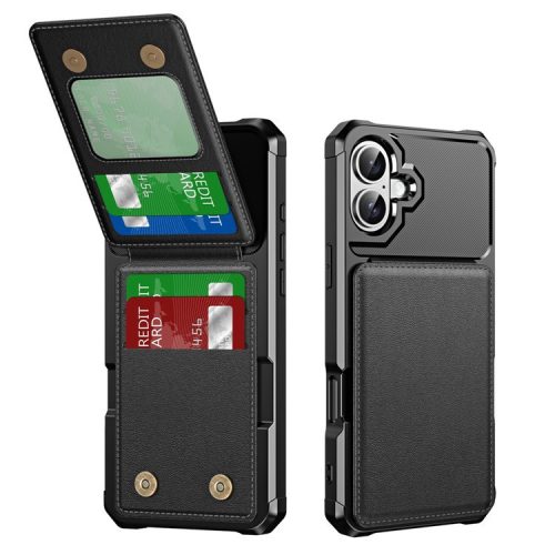 ZM11 For iPhone 16 Case Card Slot Kickstand PU+TPU Phone Cover - Black