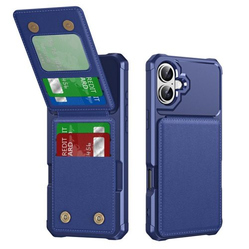 ZM11 For iPhone 16 Case Card Slot Kickstand PU+TPU Phone Cover - Dark Blue