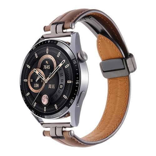 22mm Watch Strap for Samsung Galaxy Watch3 45mm / Garmin Venu 3 Stainless Steel Folding Buckle Leather Band - Brown / Black Buckle