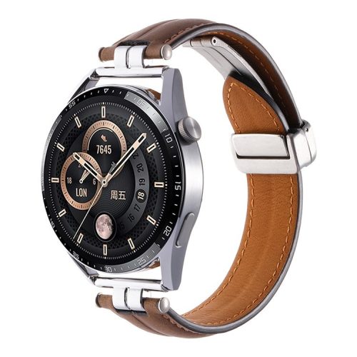 22mm Watch Strap for Samsung Galaxy Watch3 45mm / Garmin Venu 3 Stainless Steel Folding Buckle Leather Band - Brown / Silver Buckle