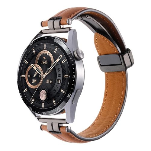 22mm Watch Strap for Samsung Galaxy Watch3 45mm / Garmin Venu 3 Stainless Steel Folding Buckle Leather Band - Caramel / Black Buckle