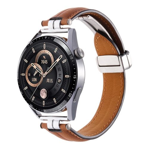 22mm Watch Strap for Samsung Galaxy Watch3 45mm / Garmin Venu 3 Stainless Steel Folding Buckle Leather Band - Caramel / Silver Buckle