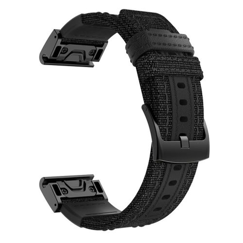 Canvas + Genuine Leather Watch Band for Garmin Fenix 5 Plus, Nylon Sports Watchband Strap - Black