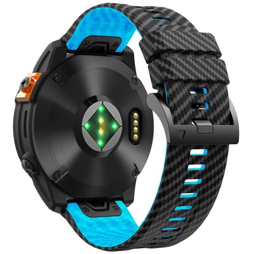 For Garmin Fenix 7X Quickfit 26mm Carbon Fiber Texture Watch Strap Adjustable Silicone Band - Black+Sky Blue