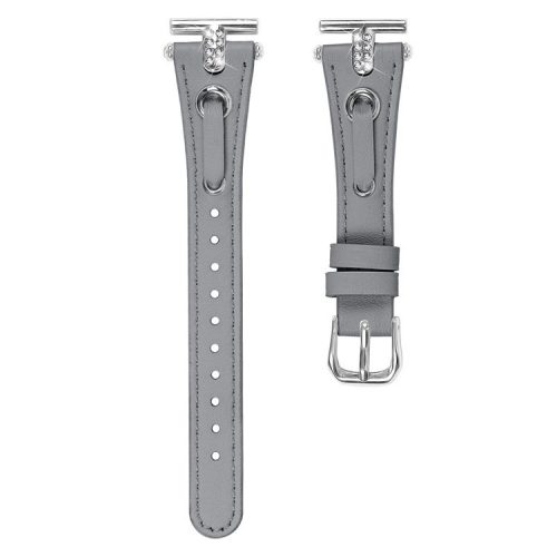 For Garmin Forerunner 245  /  245 Music Genuine Cow Leather Watchband Rhinestone Decor Strap (Silver Connector) - Grey