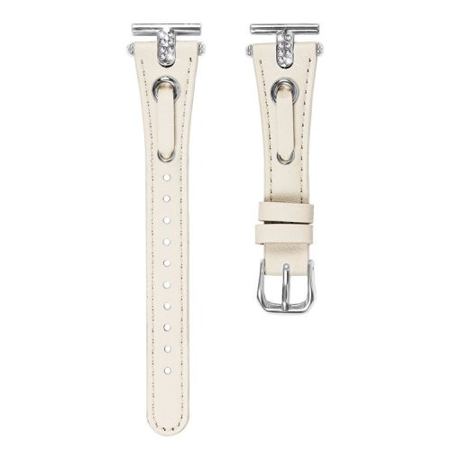 For Garmin Forerunner 245  /  245 Music Genuine Cow Leather Watchband Rhinestone Decor Strap (Silver Connector) - White