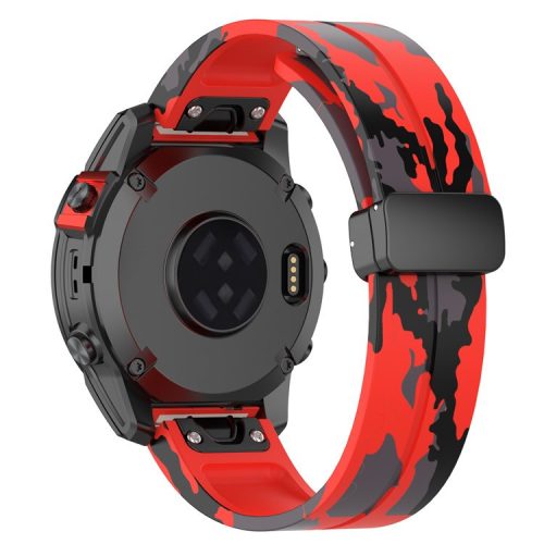 For Garmin Tactix 7 Pro / Fenix 7X / 6X / 6X Pro / 5X Plus Black Buckle Watch Band 26mm Silicone Strap - Camo Red